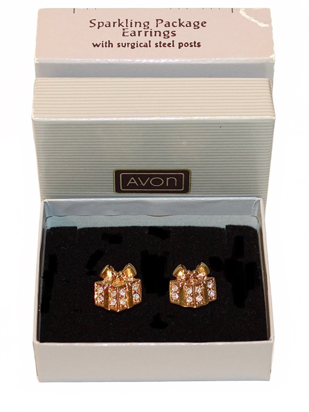 Vintage Avon Stud Earrings “Sparkling Package”  Goldtone and Clear Rhinestone